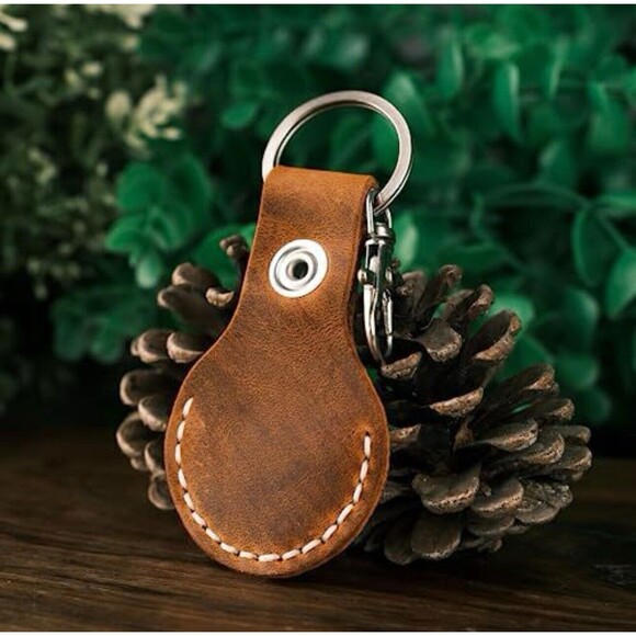 Leather AirTag Case Keychain Holder Ring and Hook Hand-stitched Camel Brown New! - Picture 3 of 3